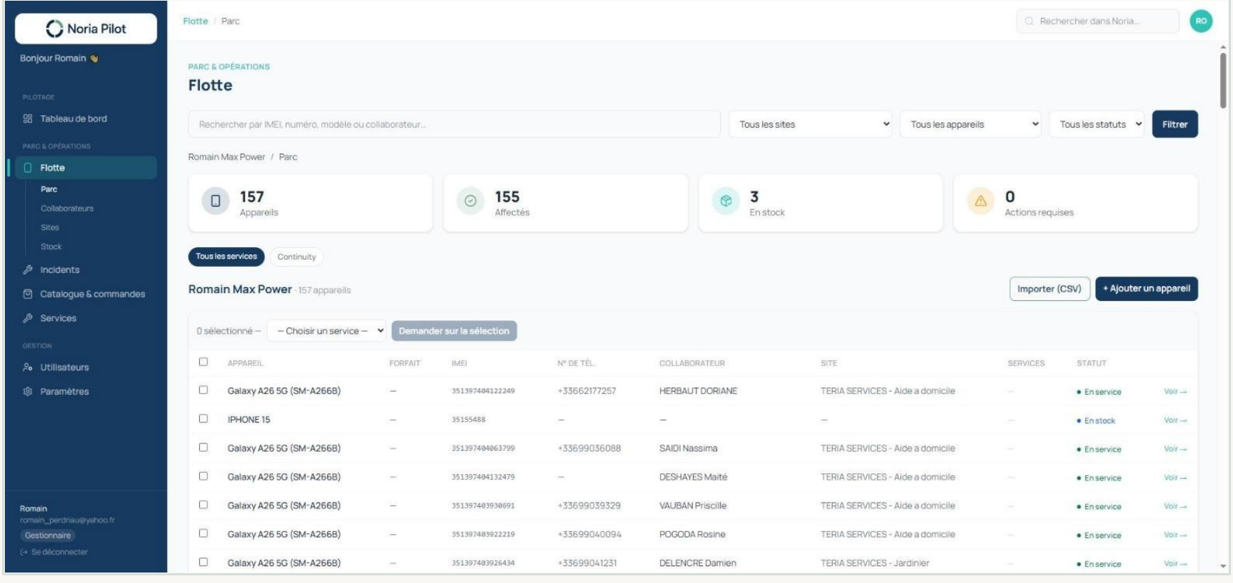 Interface Noria Pilot — gestion de la flotte d'appareils