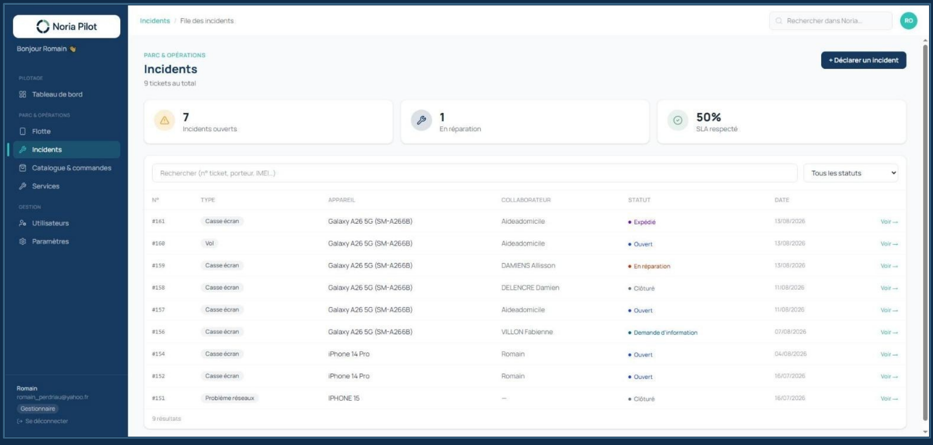 Interface Noria Pilot — file des incidents