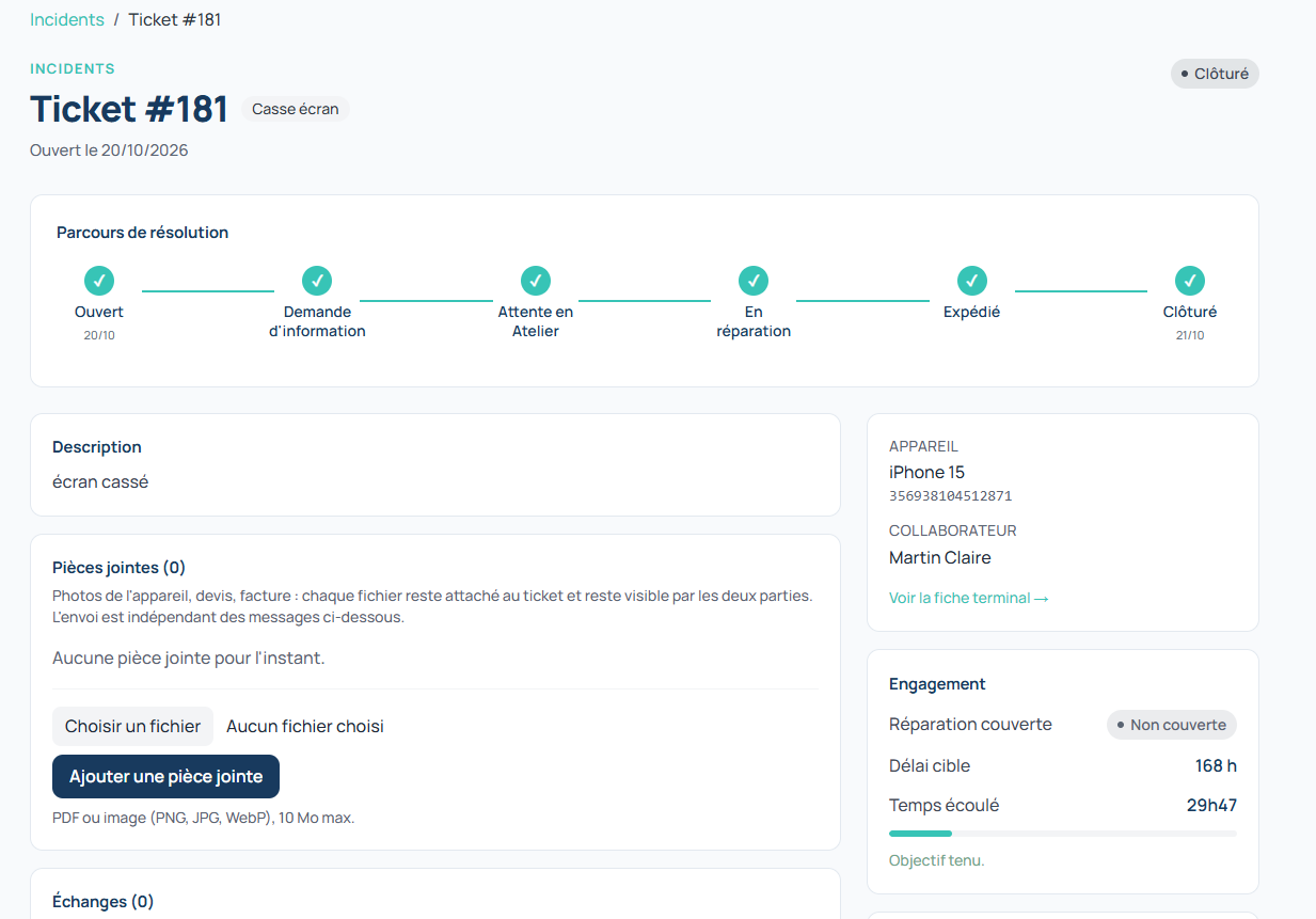 Noria Pilot : détail d'un ticket de prise en charge, du signalement à la clôture