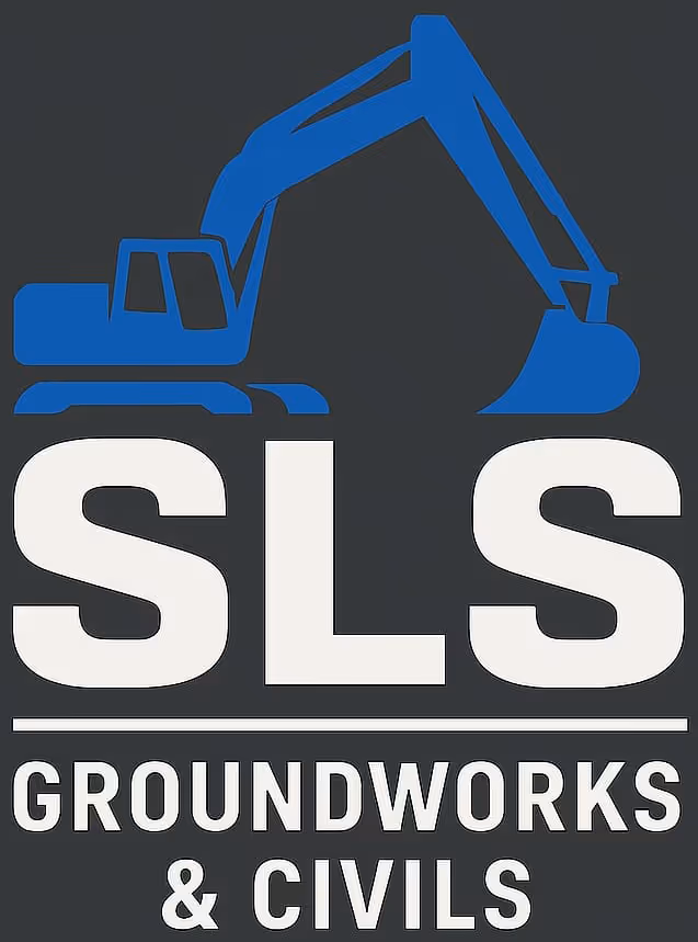 Logo showing a blue excavator above the text "SLS Groundworks & Civils."