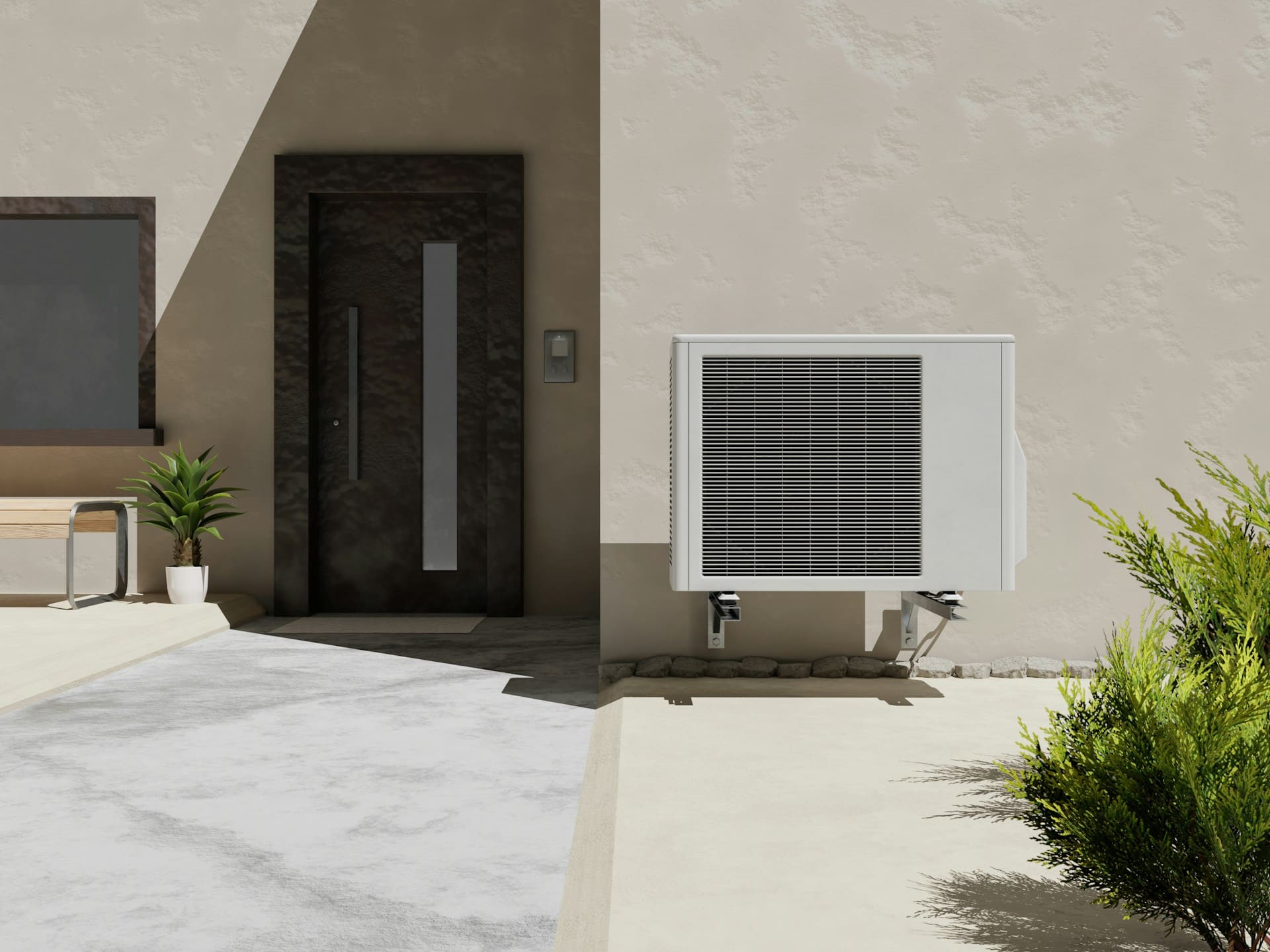 une pompe à chaleur est fixée à un mur beige