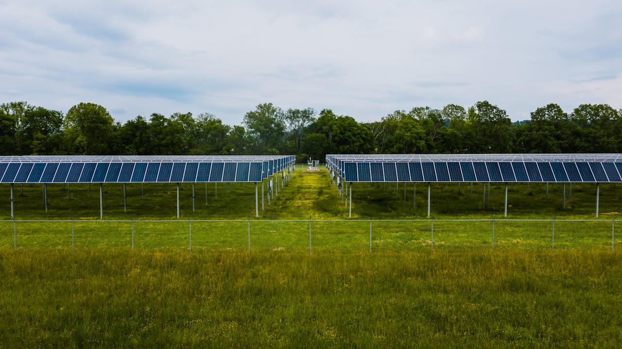 Un champ de panneaux solaires sur l'herbe