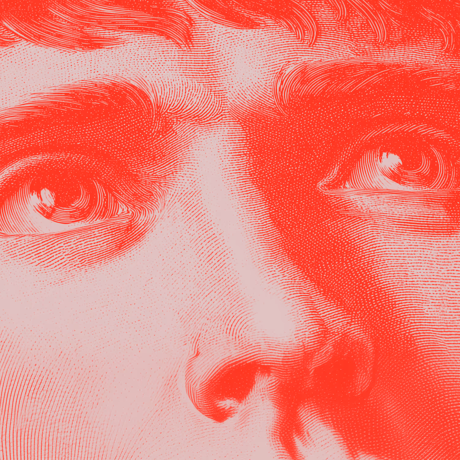 Modes, Insecure single cover. A red and white single colour linocut illustration of a close up of Napoleon Bonaparte.