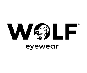Wolf Eyewear logo with stylized wolf head in letter O