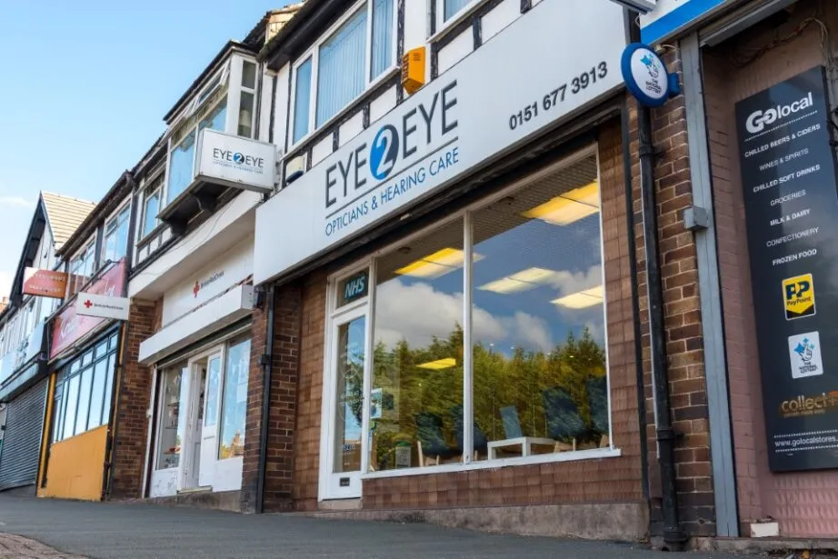 Eye2Eye Opticians storefront with large windows and NHS sign