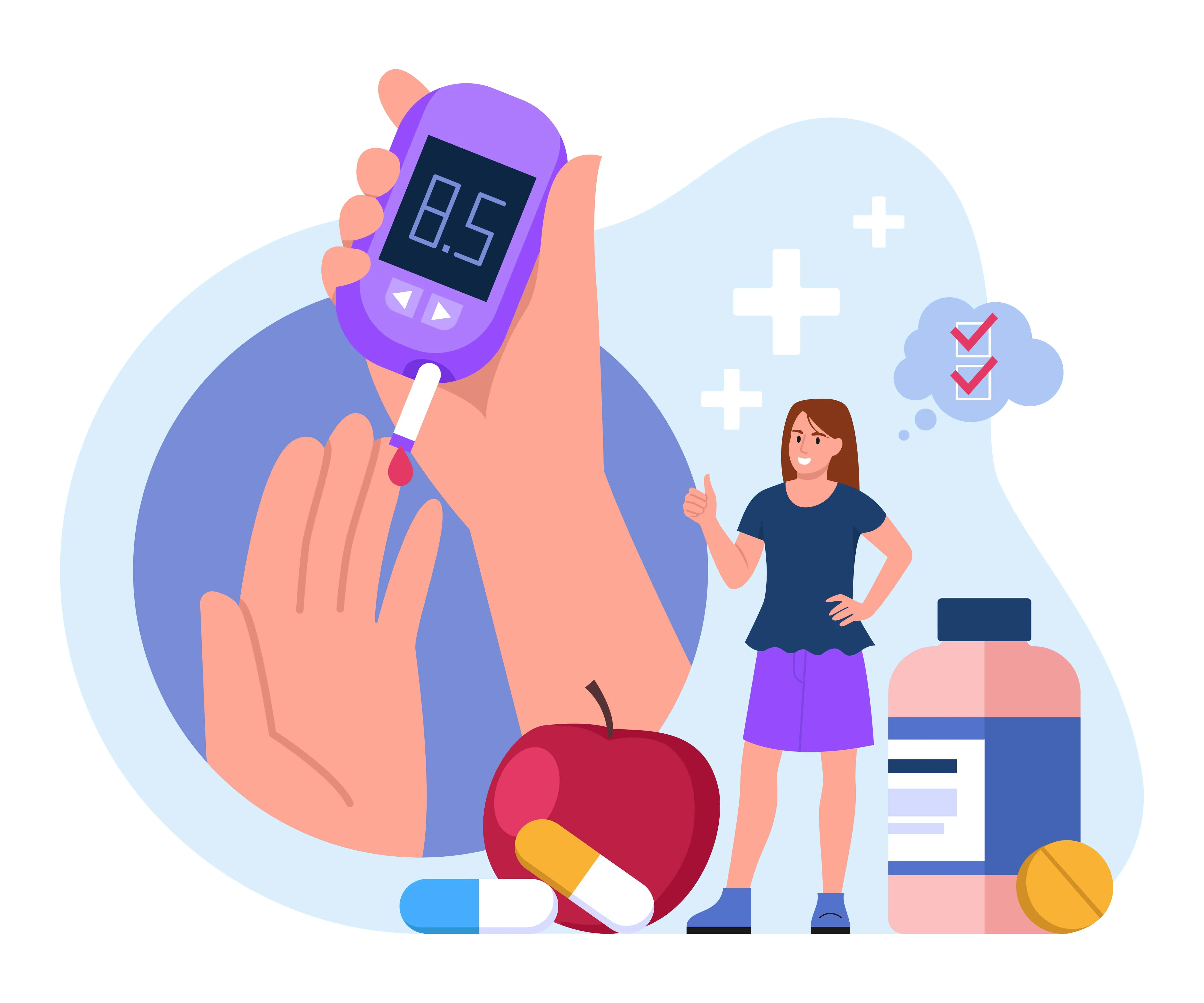 Diabetes management with glucose meter, apple, pills, and medication