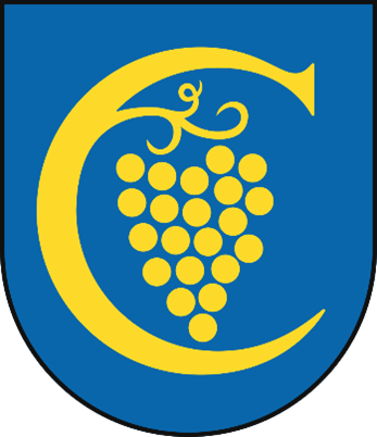 Blue shield with a large yellow letter C enclosing a cluster of yellow grapes with a vine.
