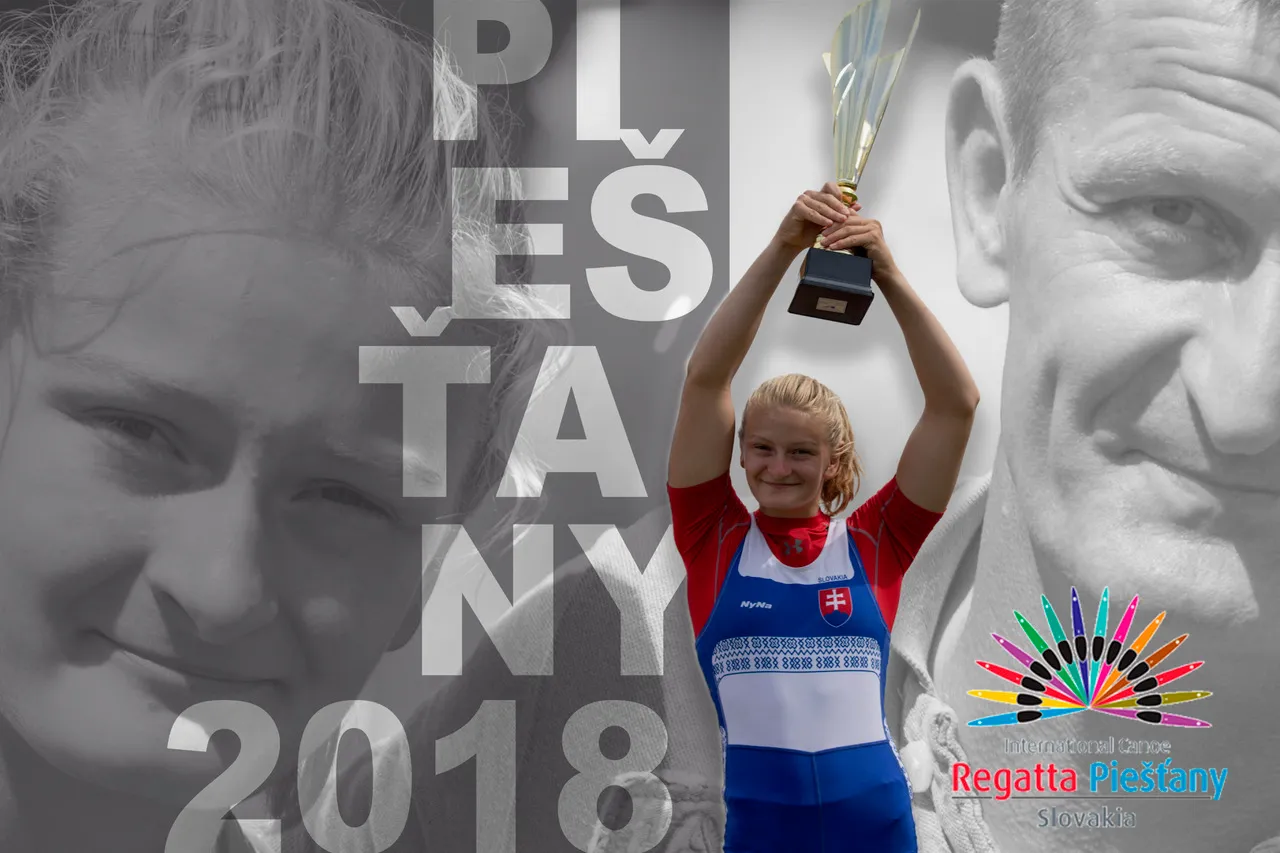 Female Slovak athlete holding a trophy overhead at the International Canoe Regatta Piešťany 2018.