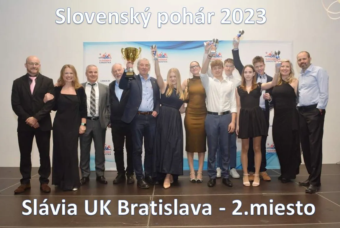 Group of people celebrating at Slovak Cup 2023 with trophies, representing Slávia UK Bratislava awarded second place.