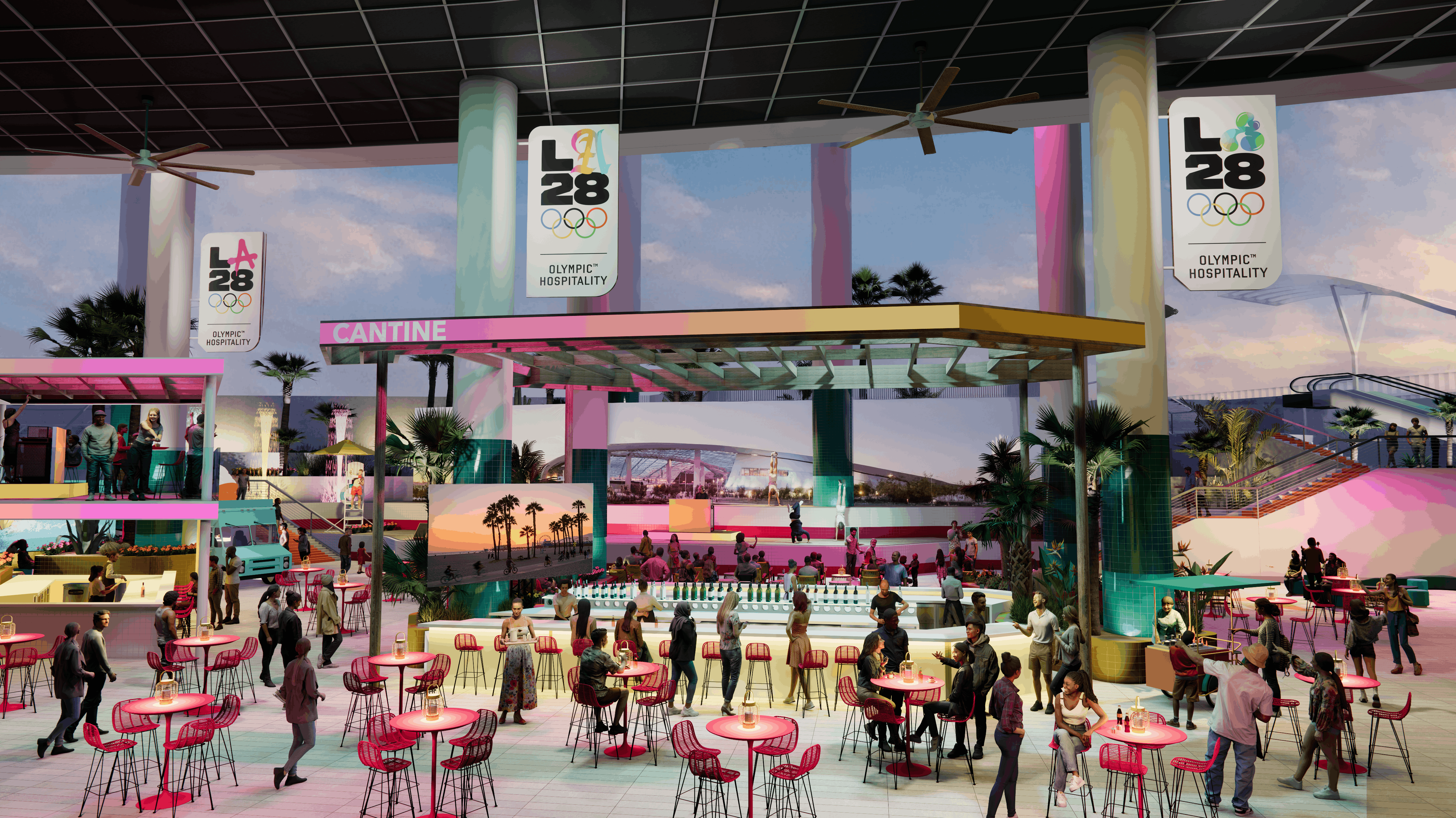 Outdoor dining area with red chairs and tables, people socializing, and LA28 Olympic Hospitality banners.