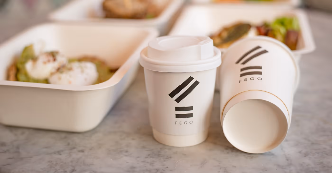 Fego takeaway coffee cup and food packaging