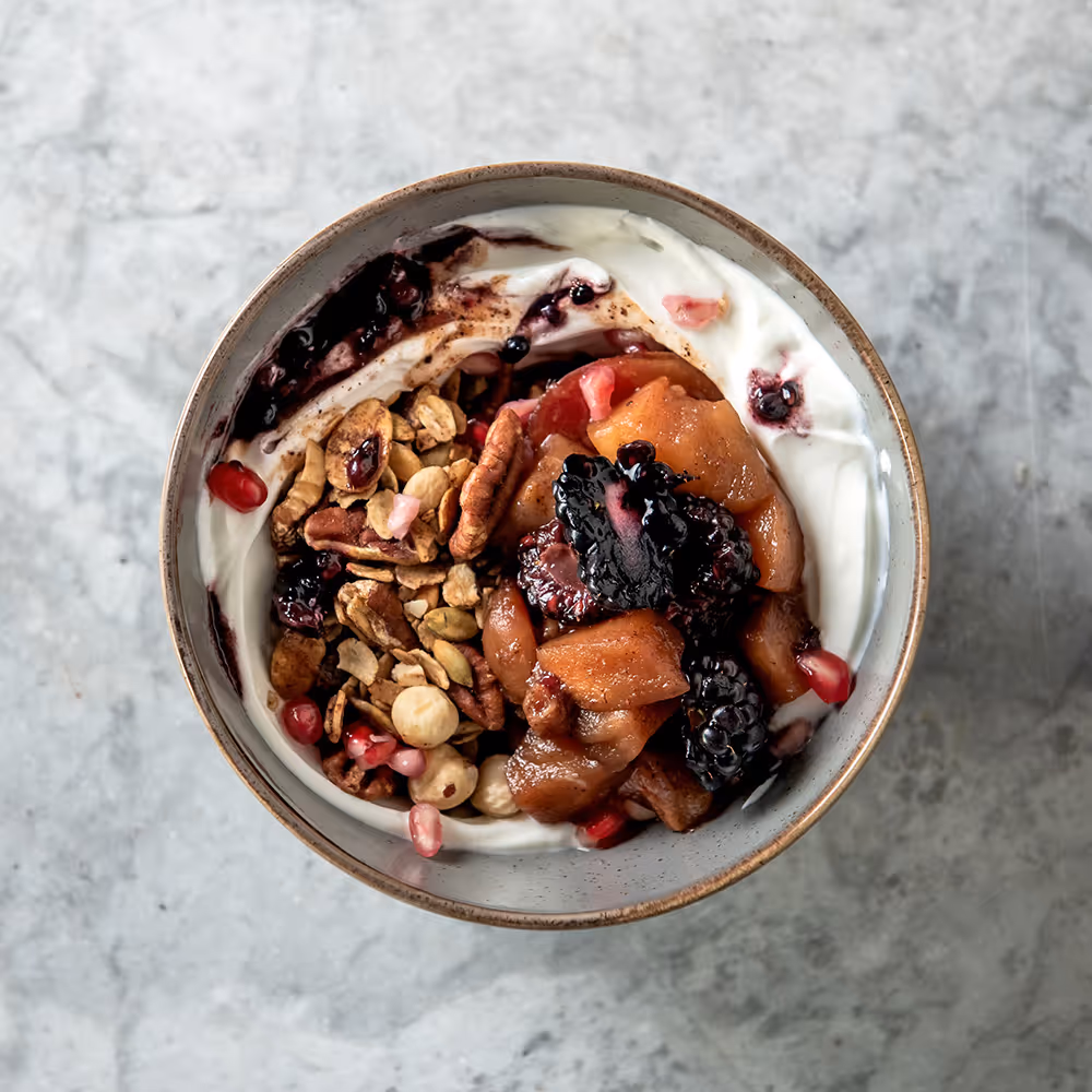 Fego Cafe House Granola with plain Greek or vegan coconut yoghurt, summer berry compote & Fego honey