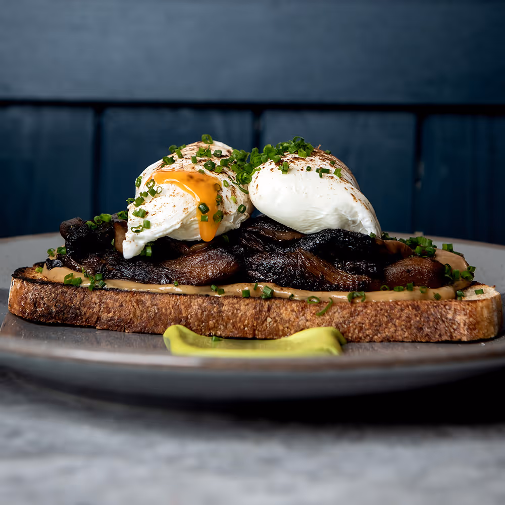 Fego Cafe Wild Mushrooms on Toast breakfast with poached eggs, toasted sourdough, porcini butter, confit garlic, herb roasted mushrooms, pickled shiitake mushrooms, chives & tarragon mayonnaise