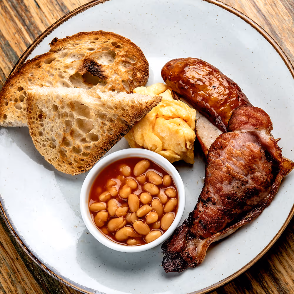 Fego Cafe Kids Mini English with sourdough, bacon, pork sausage, beans & fried, scrambled or poached egg