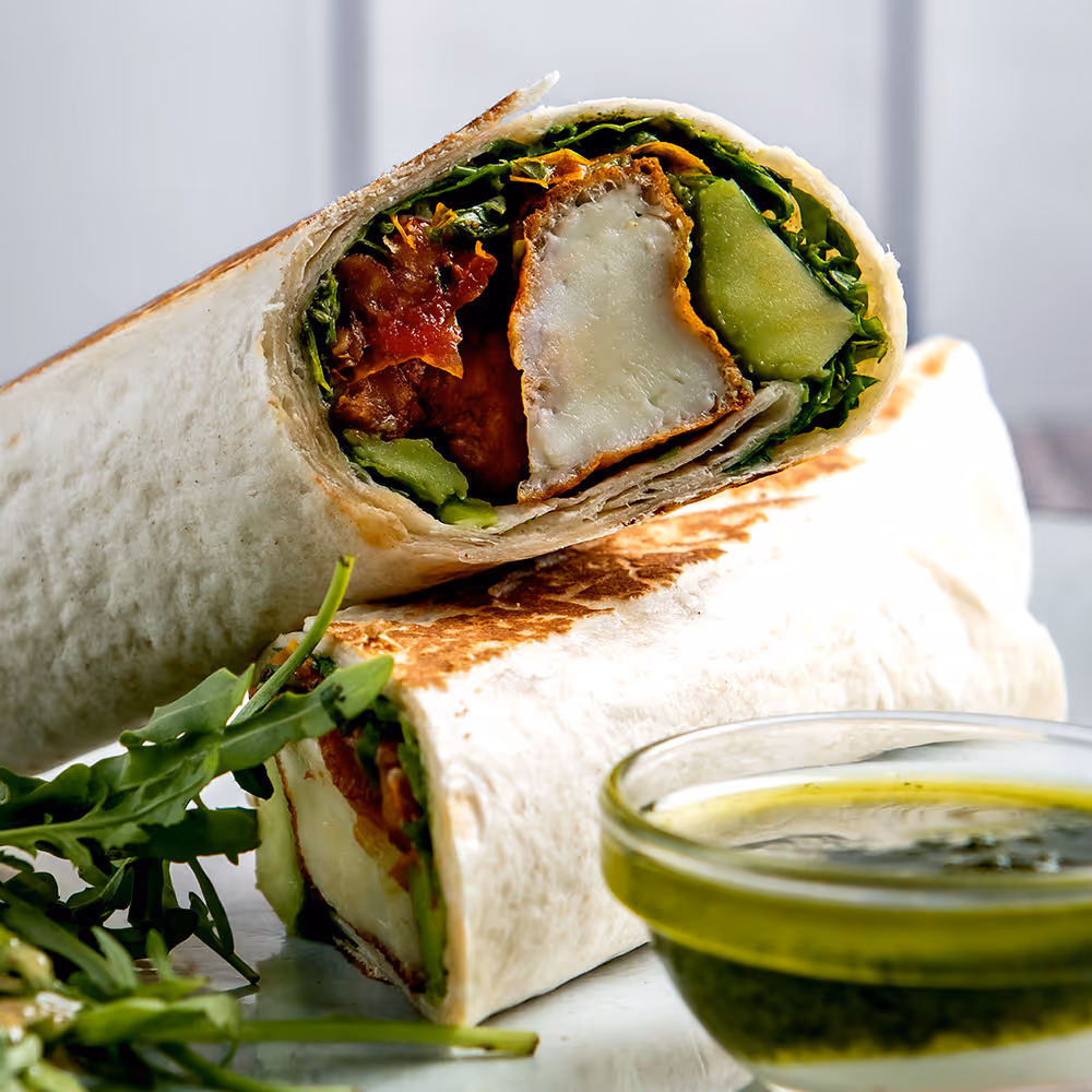 Fego Cafe Halloumi & Avocado Wrap with harissa tomato, rocket & tarragon mayonnaise