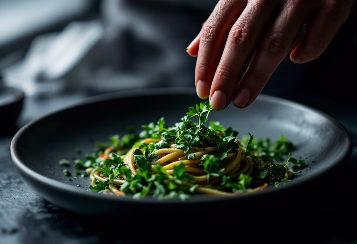 image of a chef garnishing a dish