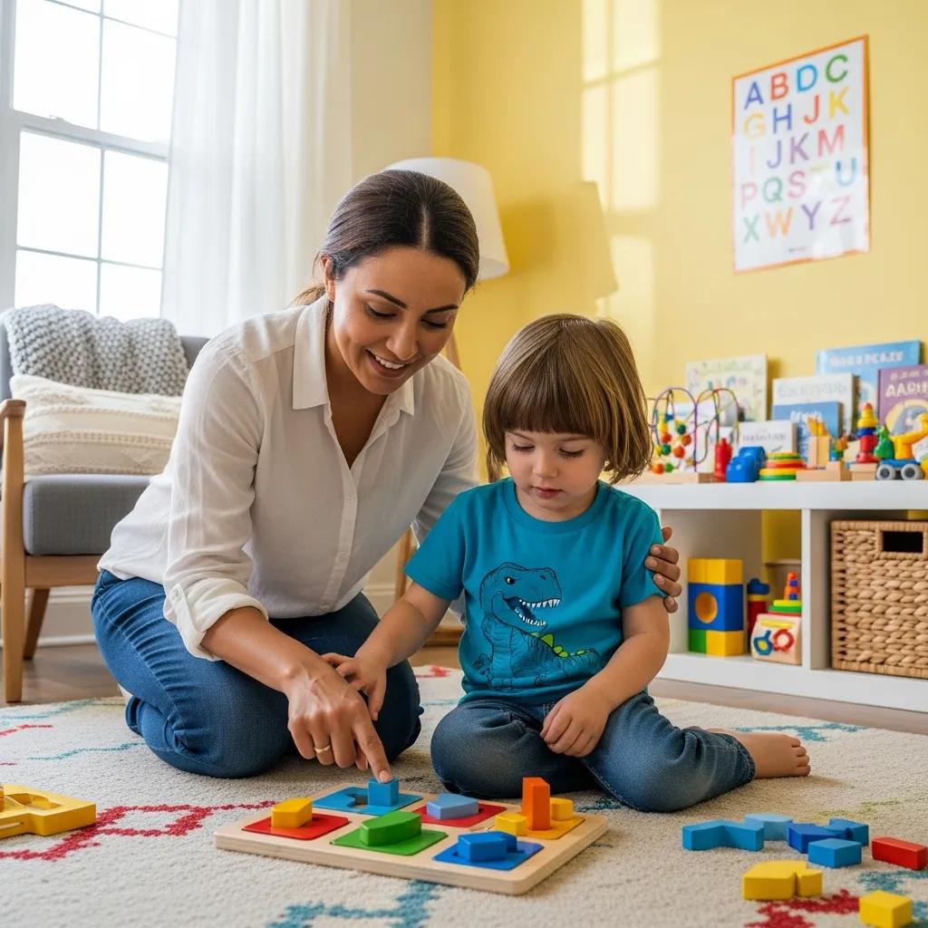 Parent and child engaging in ABA therapy techniques at home, fostering positive behavior changes