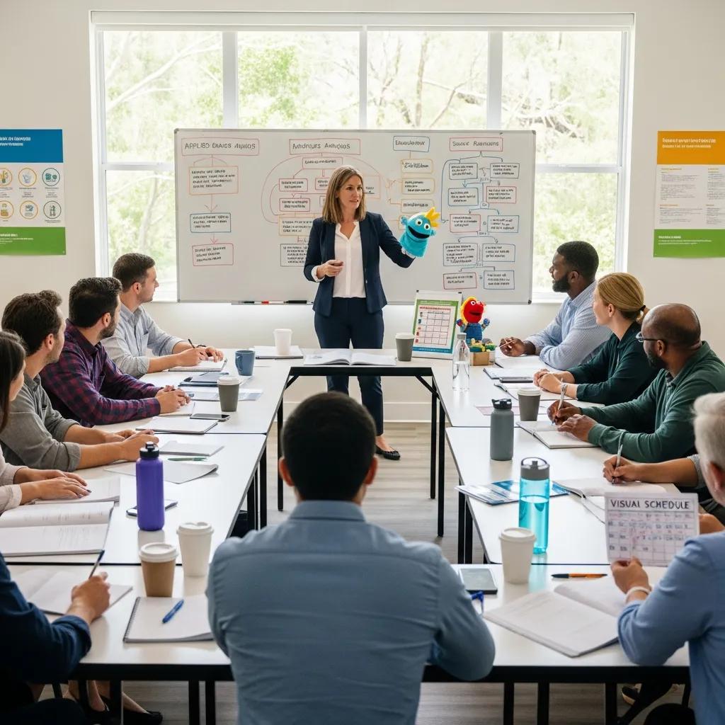 Parents engaged in an ABA training workshop, learning techniques to support autism interventions
