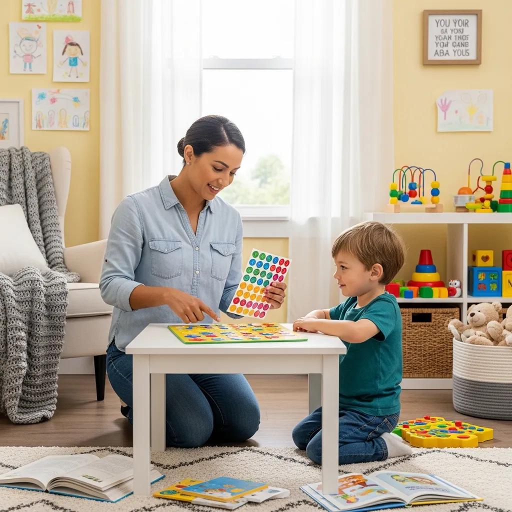 Parent and child engaging in ABA therapy techniques at home, showcasing positive reinforcement strategies
