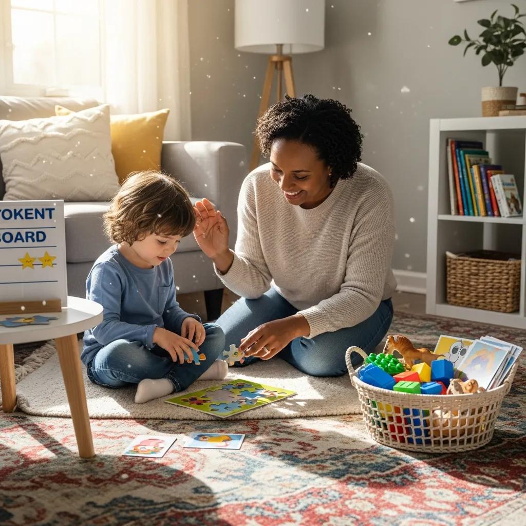 Parent and child engaging in ABA therapy techniques in a cozy home setting