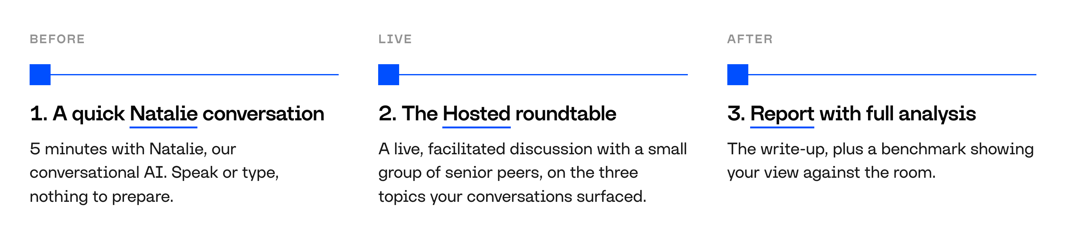 The three touchpoints: a short conversation with Natalie, the roundtable, then the report and benchmark.