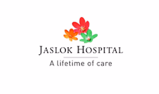 Logo of Jaslok Hospital with three stylized flowers in red, orange, and green above the text 'JASLOK HOSPITAL' and the slogan 'A lifetime of care'.
