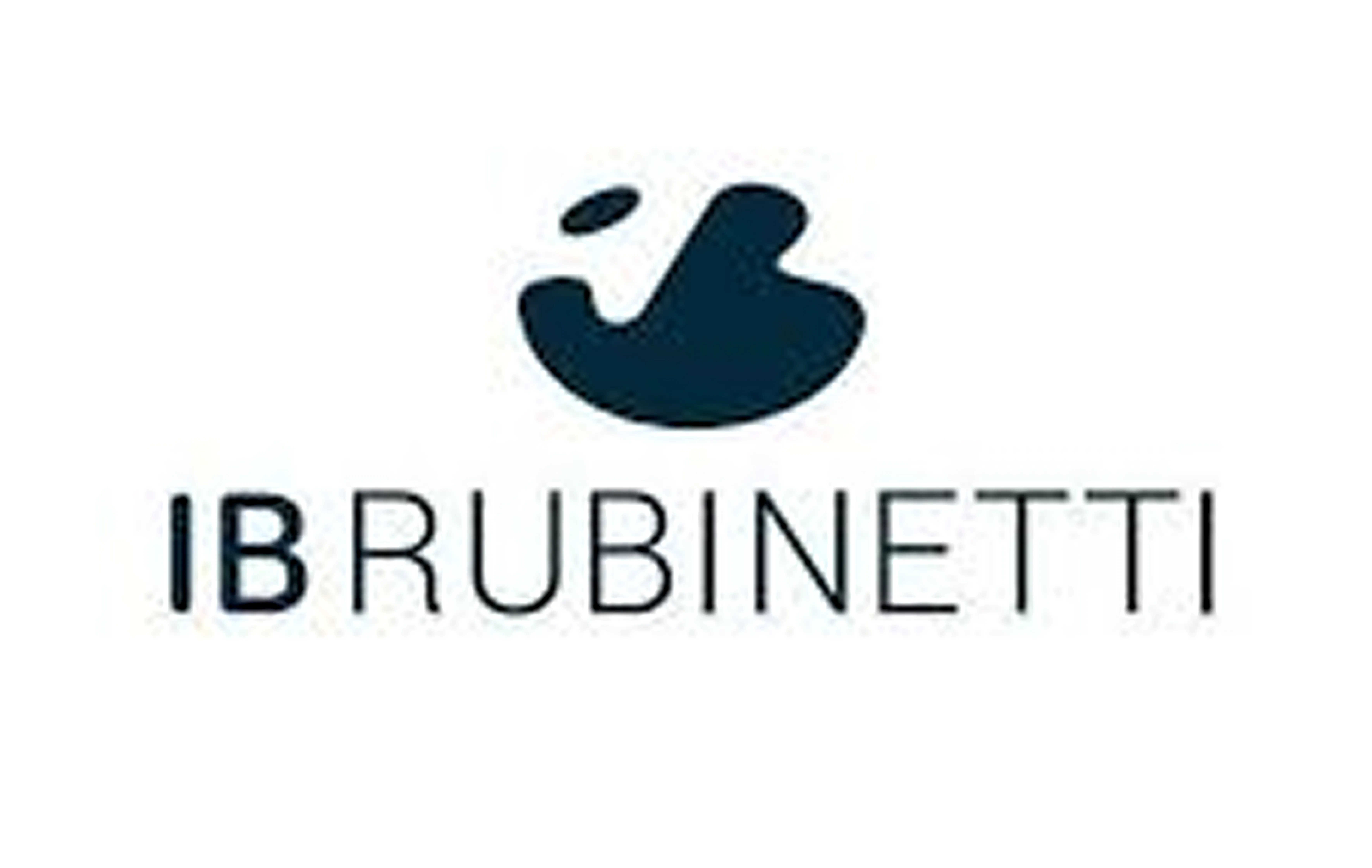 Abstract dark blue shape above the text 'IB RUBINETTI' in black letters on a white background.