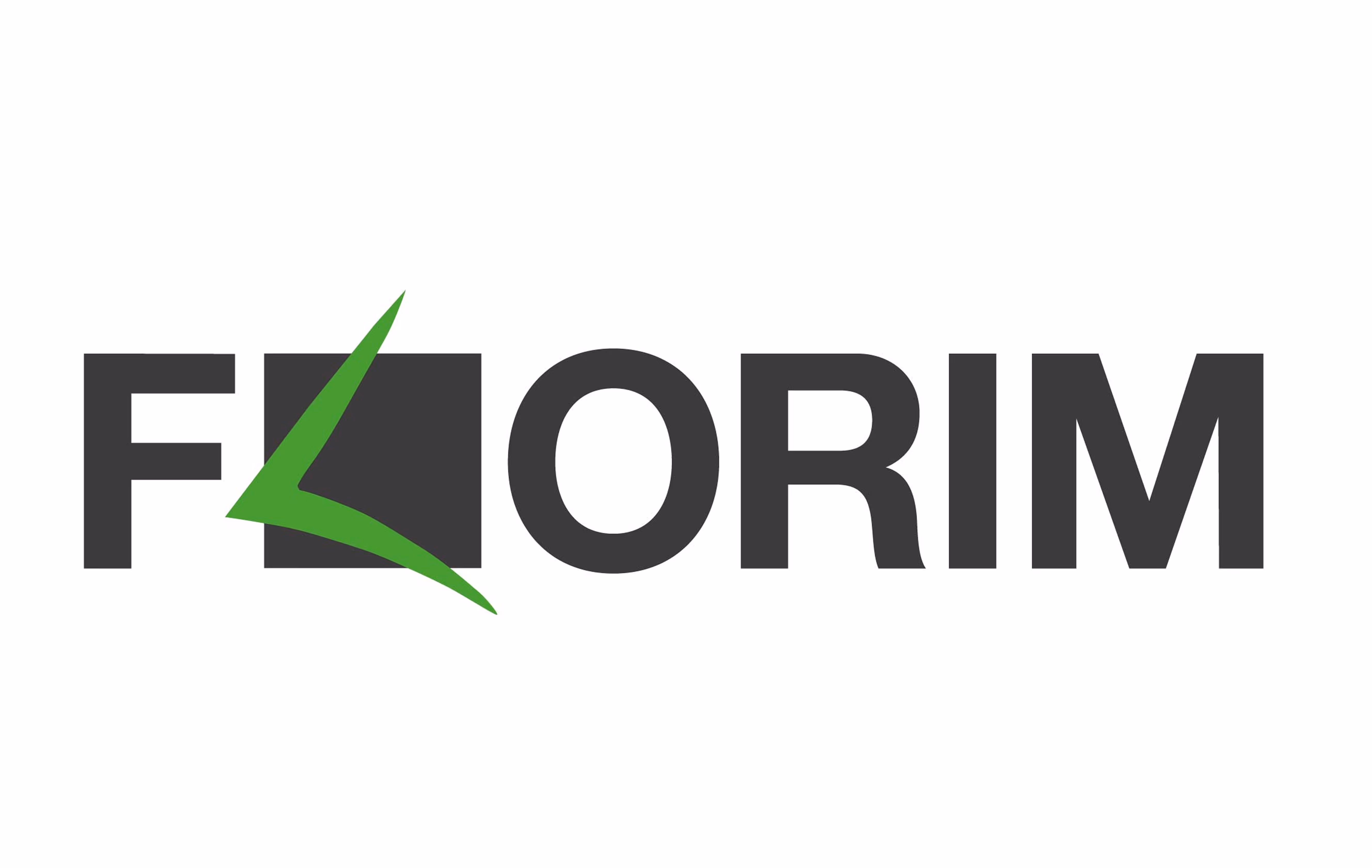 Logo with the word FLORIM, featuring a green stylized checkmark integrated with a black square replacing the letter L.