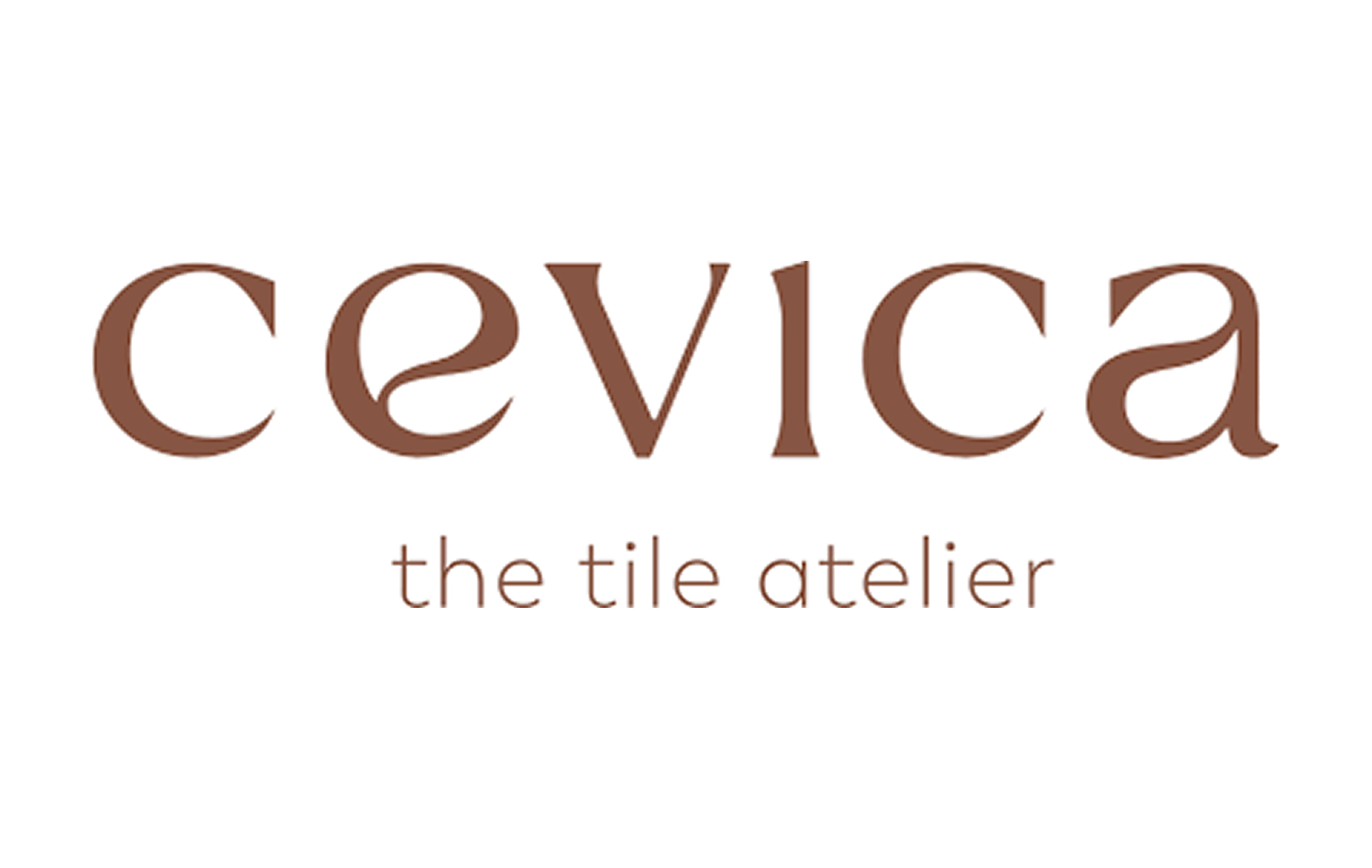 Cevica the tile atelier logo in brown serif font on white background.