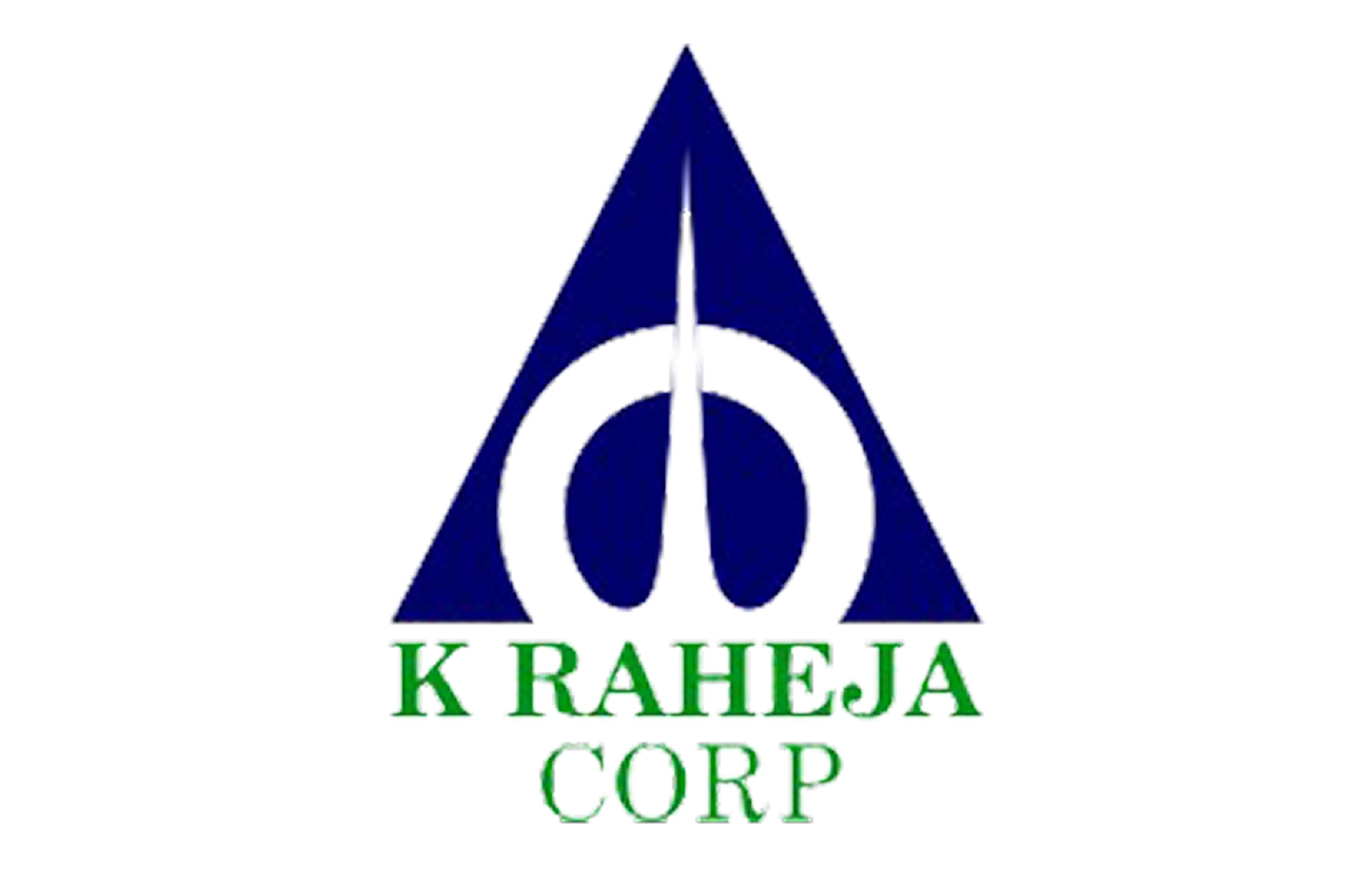 K Raheja Corp logo with a blue triangle enclosing a white circular design and green text below.