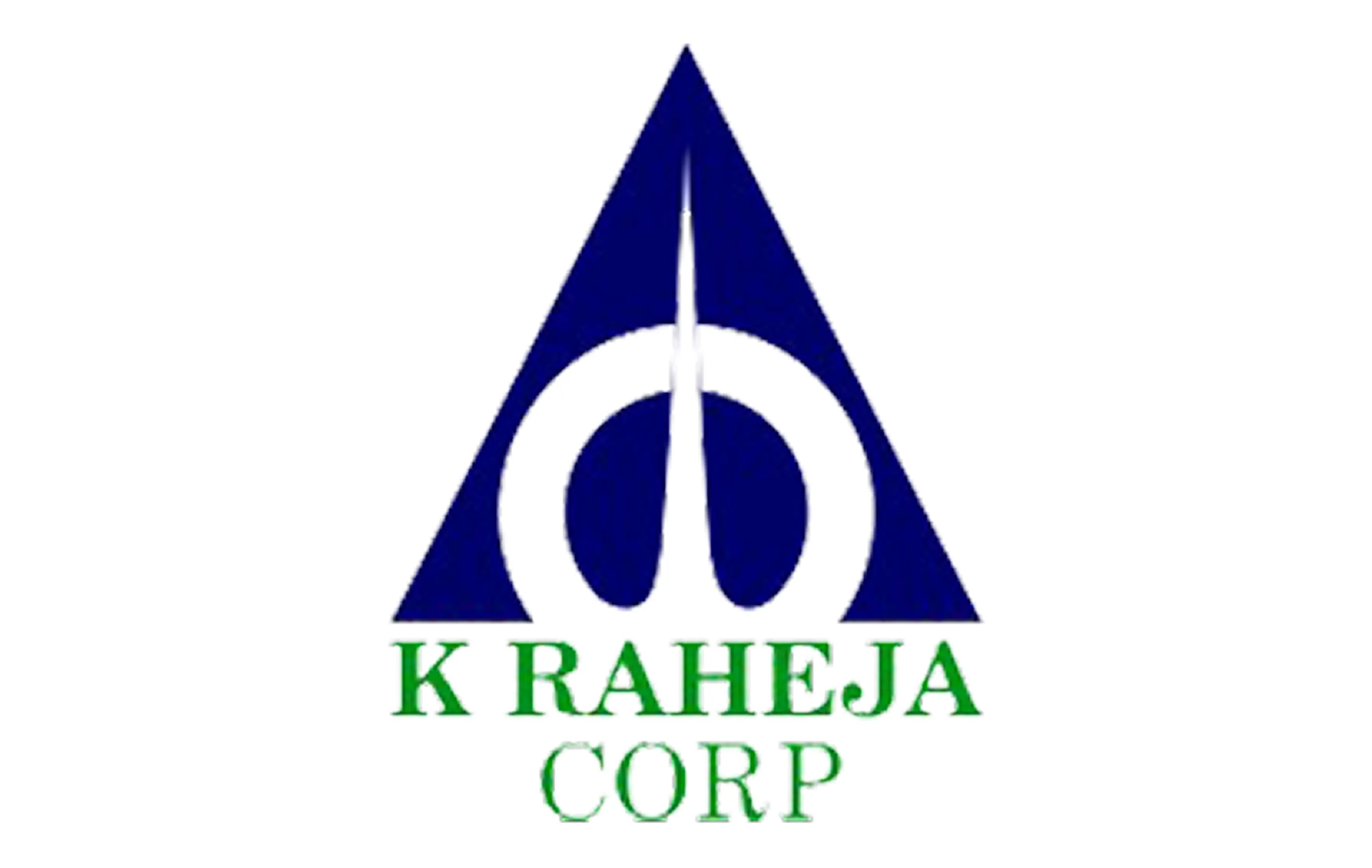 K Raheja Corp logo with a blue triangle enclosing a white circular design and green text below.