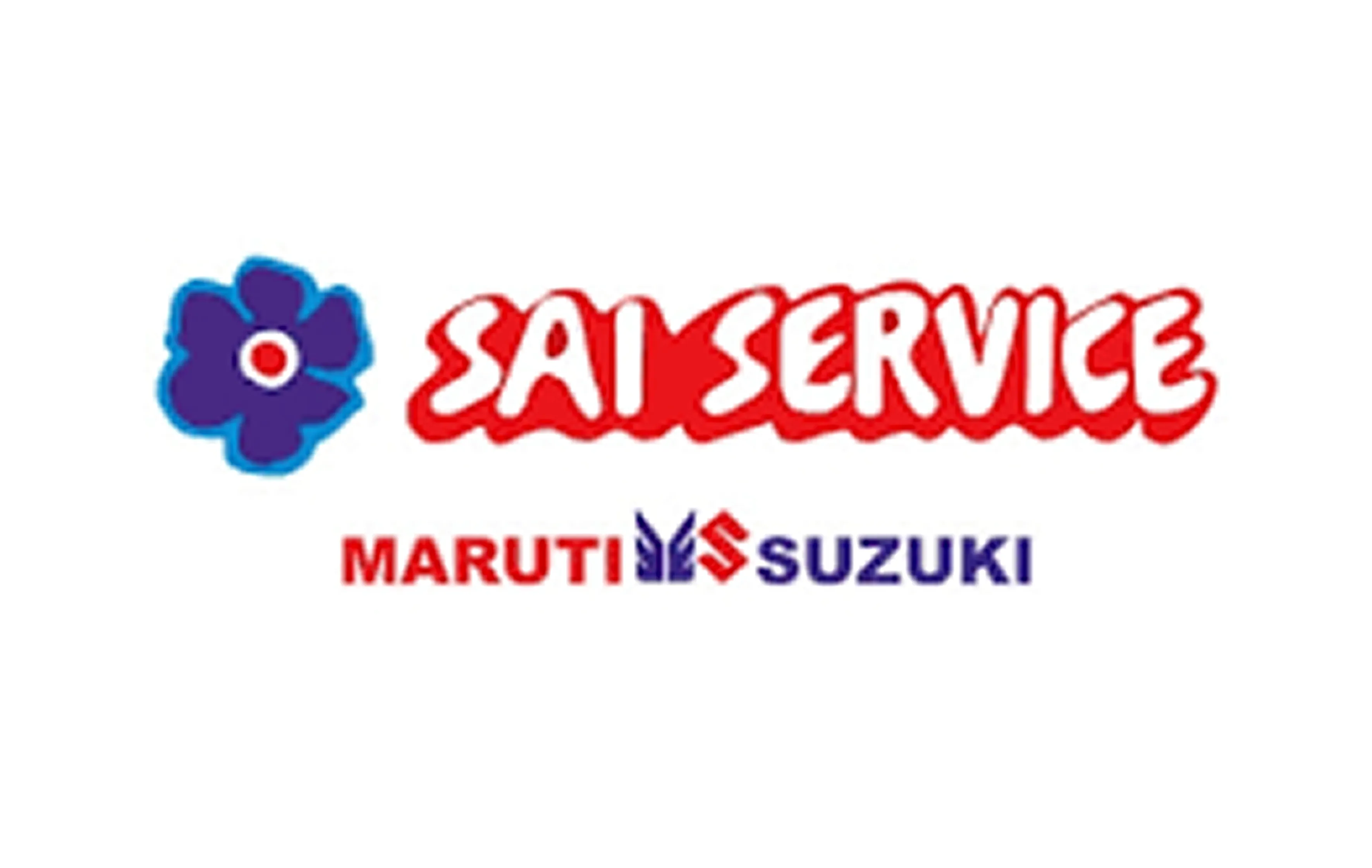 Sai Service logo with a blue flower icon above Maruti Suzuki text.