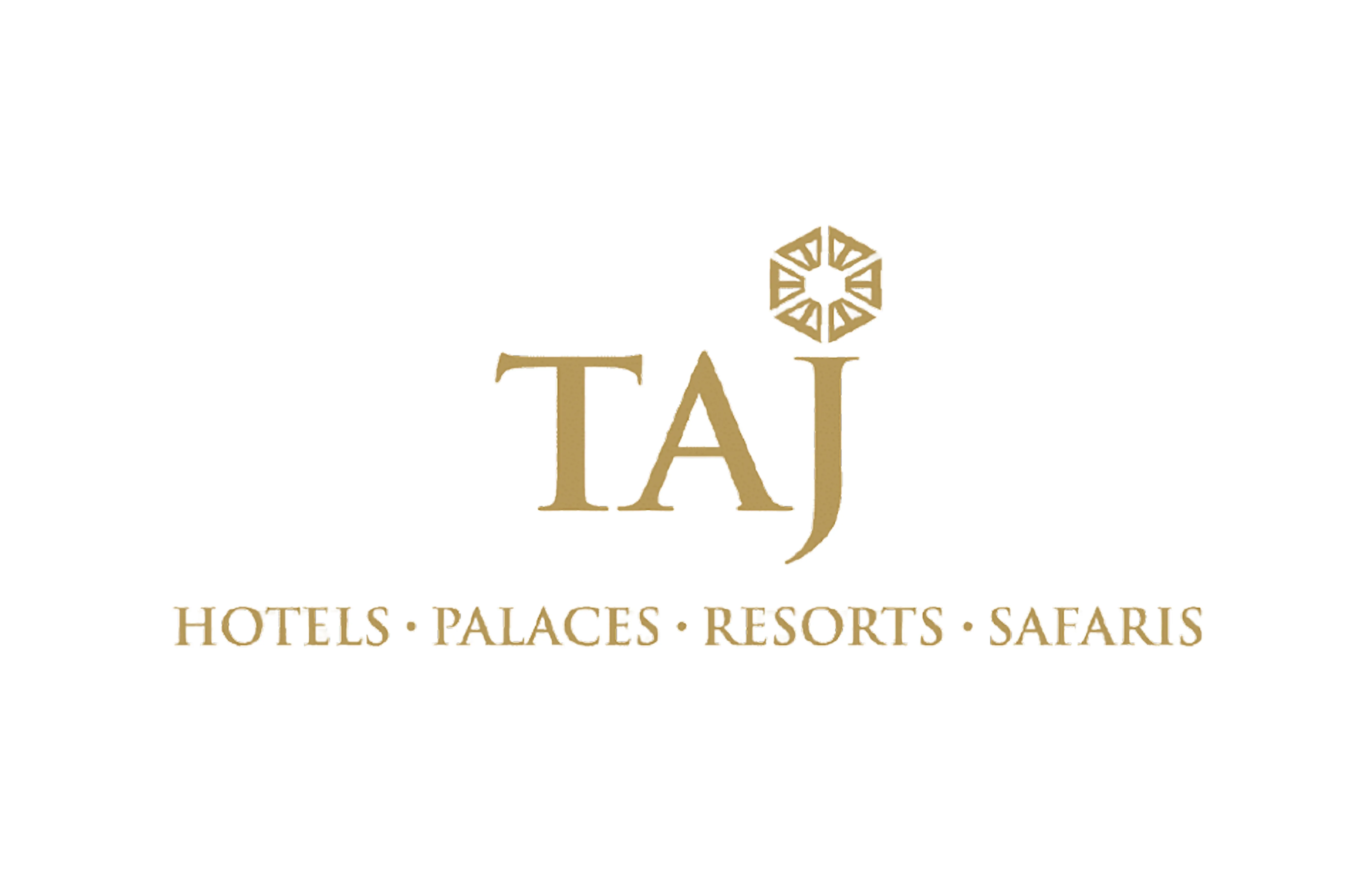 TAJ logo with tagline Hotels, Palaces, Resorts, Safaris in gold text.
