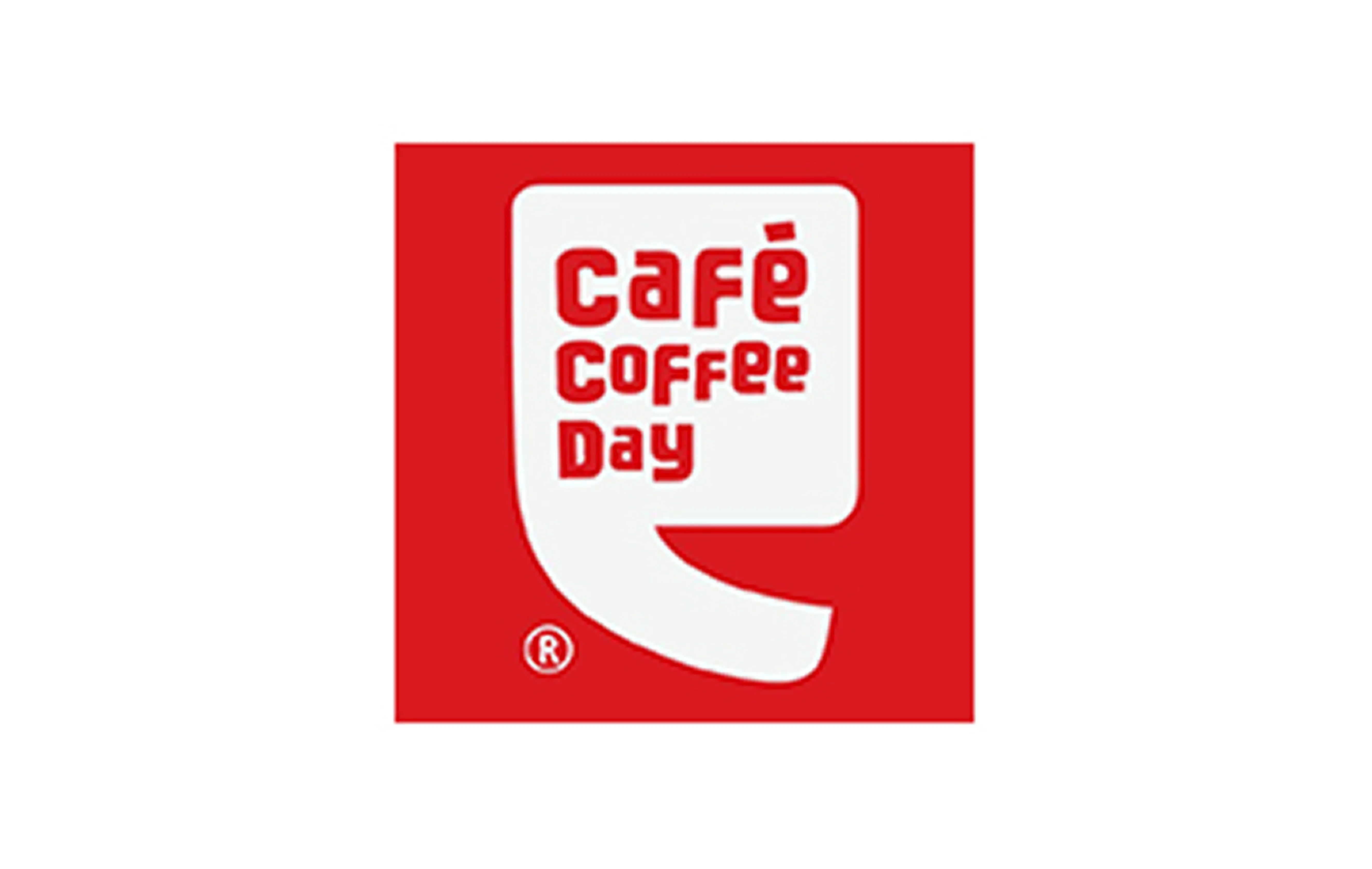 Café Coffee Day logo with white text on a red speech bubble shape.
