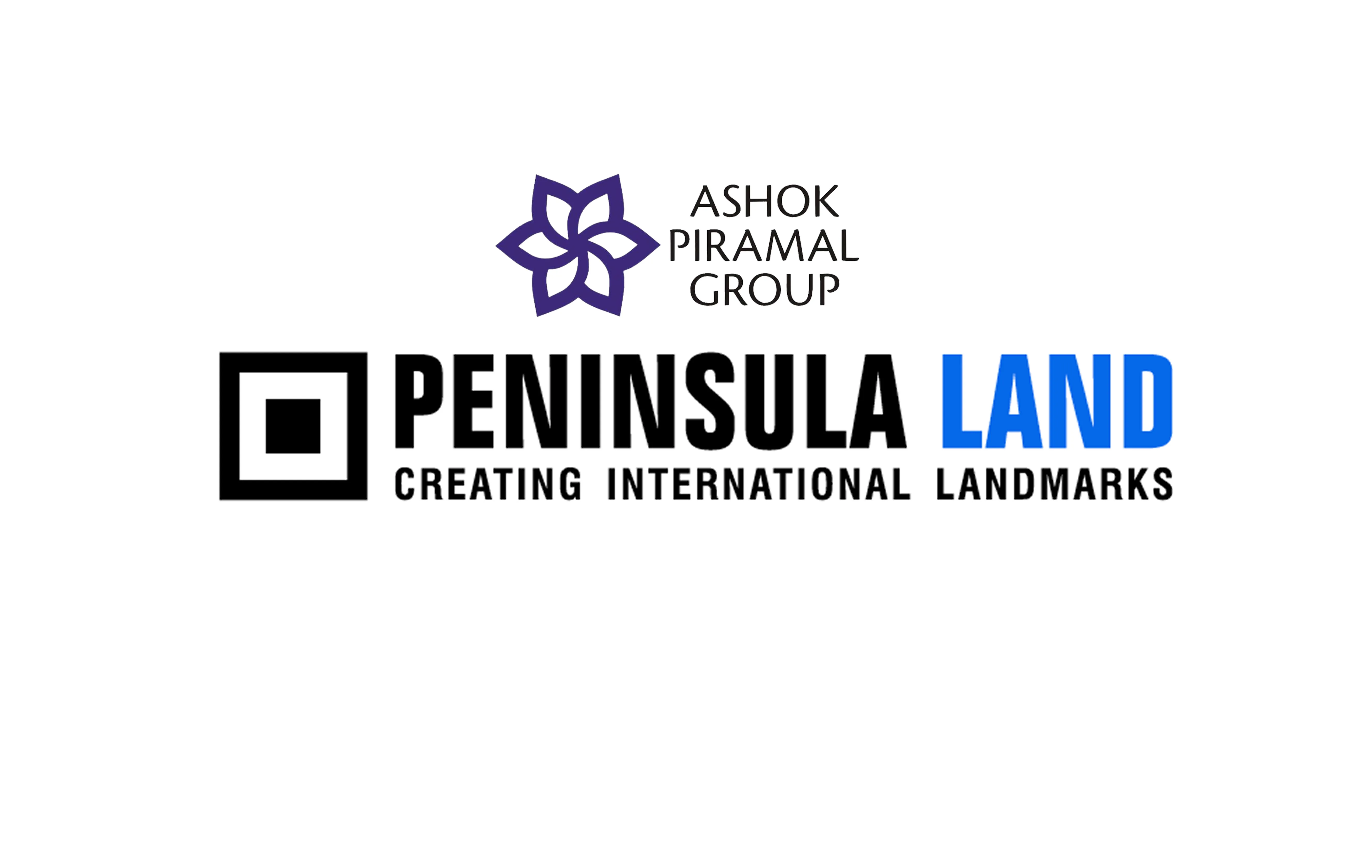 Logo of Ashok Piramal Group with Peninsula Land and the slogan Creating International Landmarks.