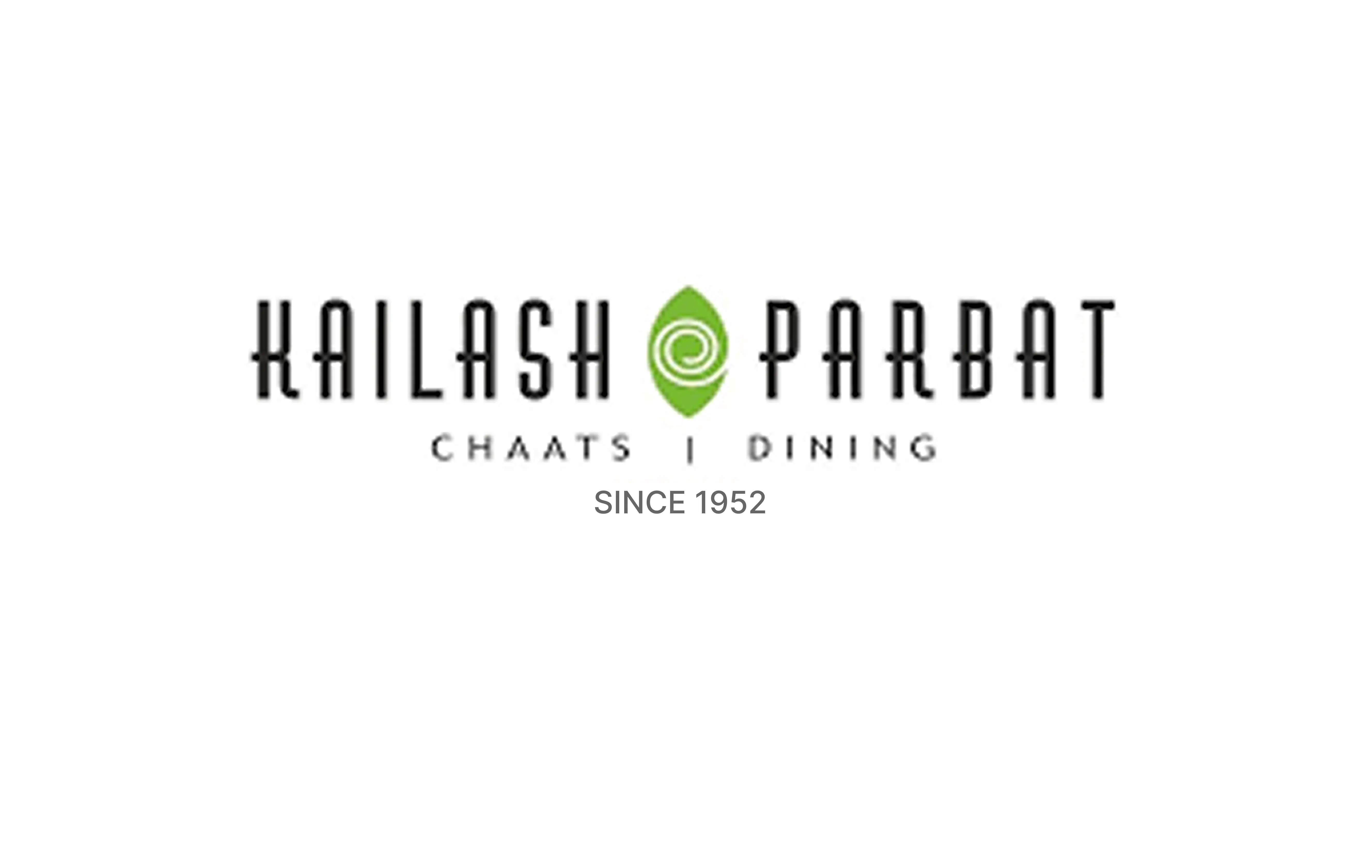 Kailash Parbat logo with green leaf symbol and text 'Chaats | Dining' below, stating 'Since 1952'.