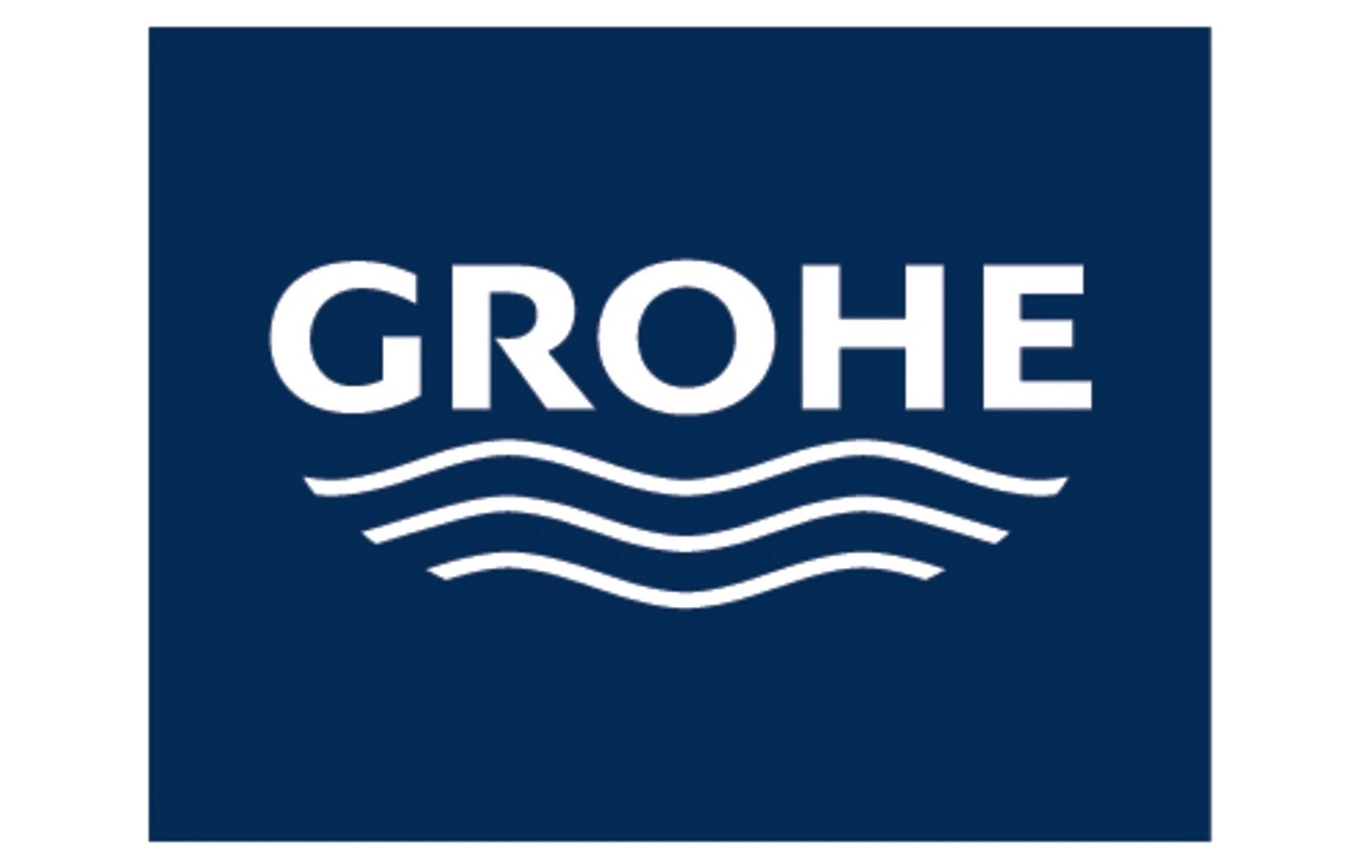 GROHE logo with three curved water wave lines below the text on a dark blue background.