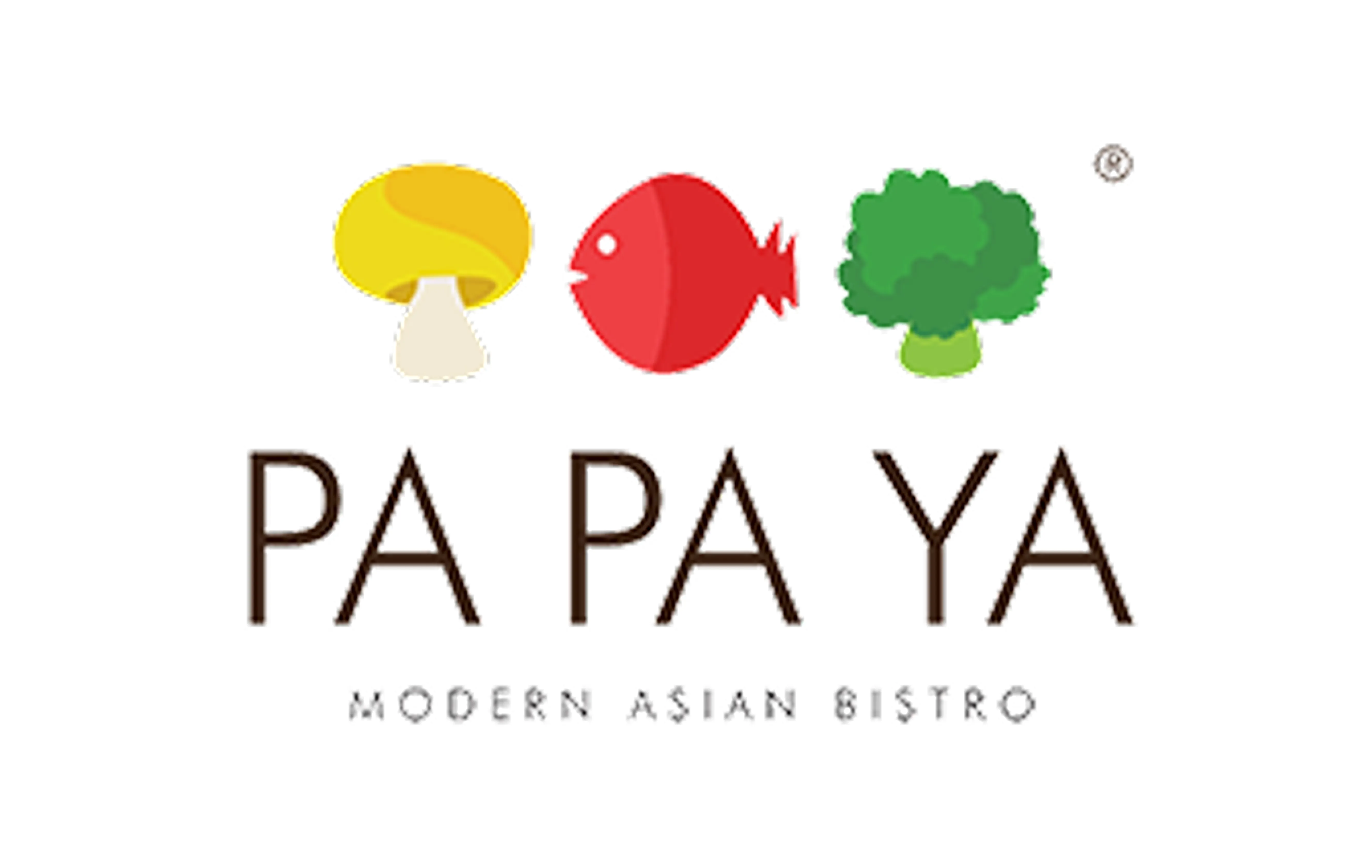 Logo with a yellow mushroom, red fish, and green broccoli icons above the text 'PA PA YA' and 'Modern Asian Bistro'.