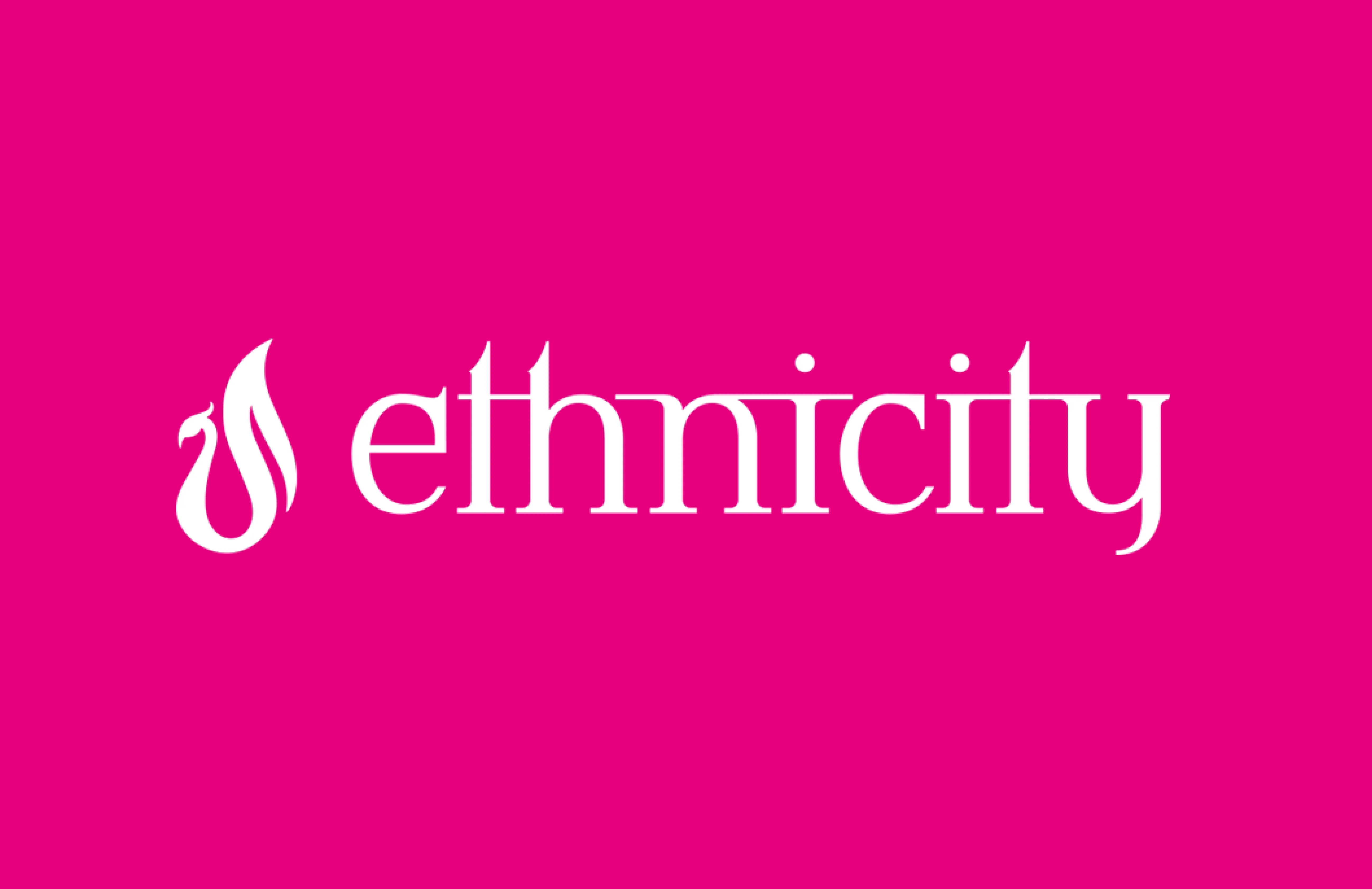 White Ethnicity logo with stylized flame icon on a bright pink background.