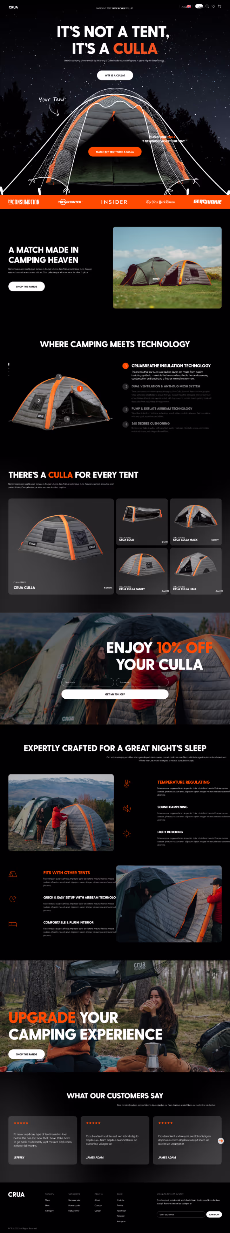 Crua outdoor tent product website with nighttime scene