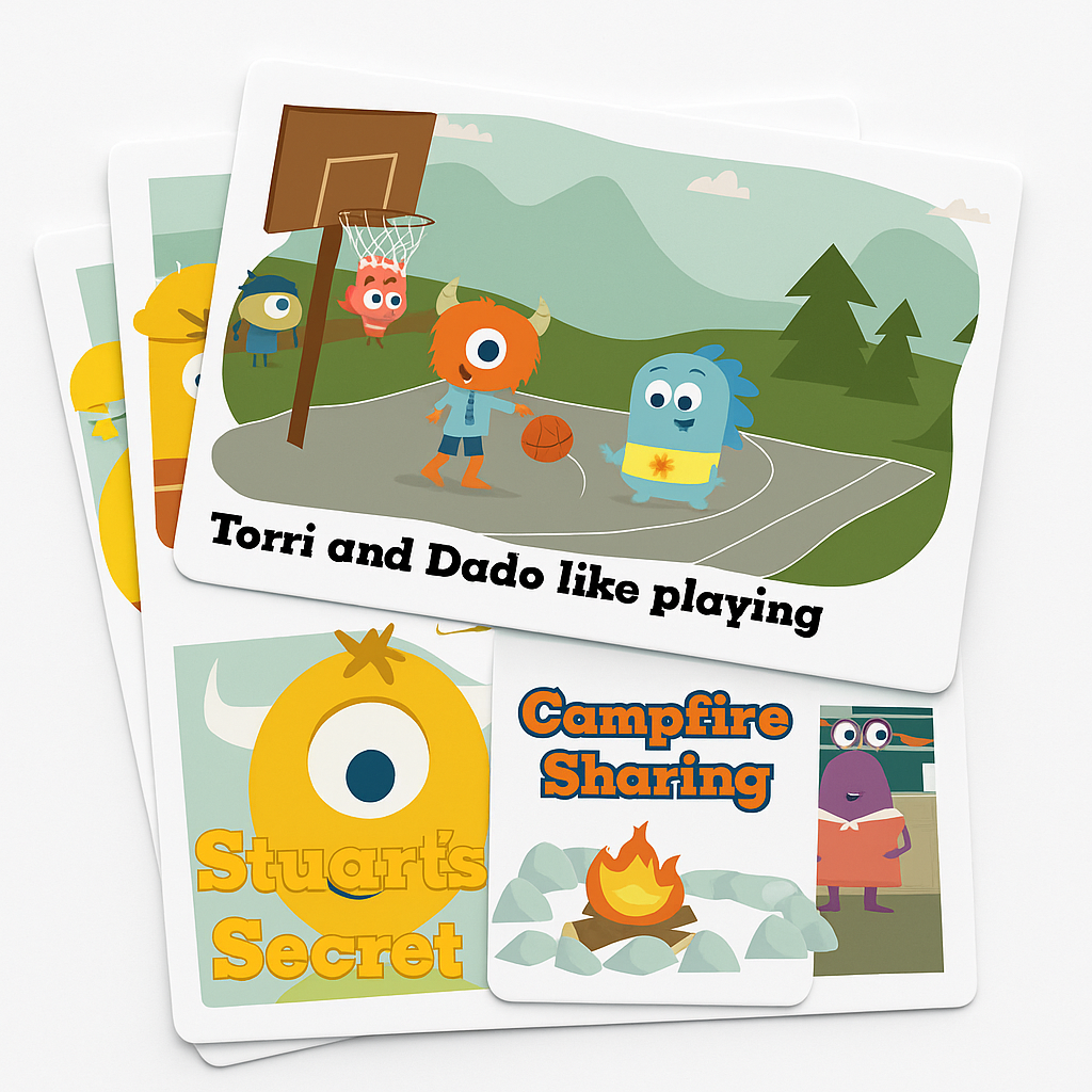 Stacked Camp Timber children’s e-books featuring colorful monster characters and stories like Stuart’s Secret, Campfire Sharing, and Torri and Dado playing basketball teaching social-emotional skills through fun, story-based learning.