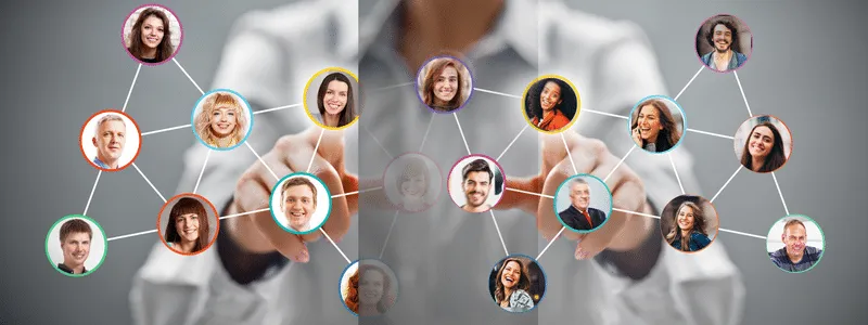 Person pointing to screen with different faces showing importance of stakeholder engagement and trust.