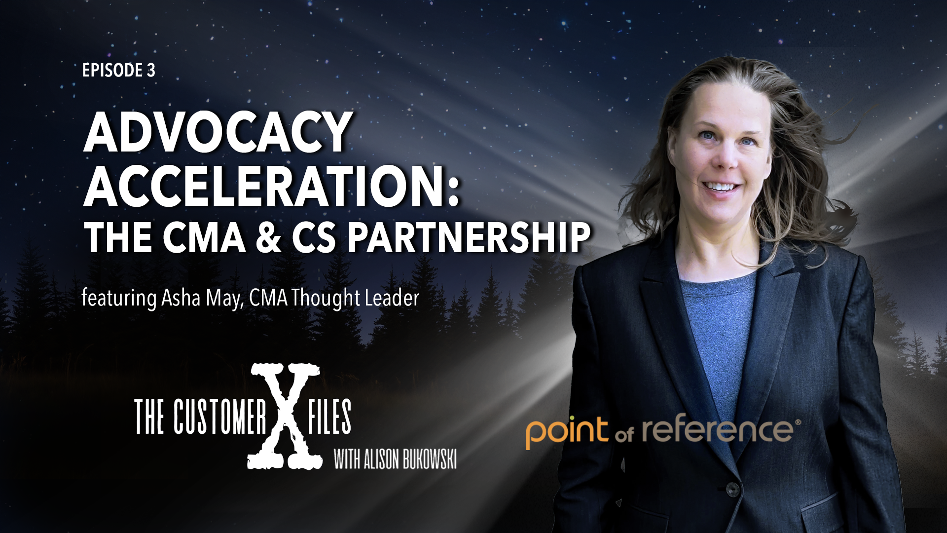 The CustomerX Files podcast logo with episode title: Advocacy Acceleration: The CMA & CS Partnership with Asha May.
