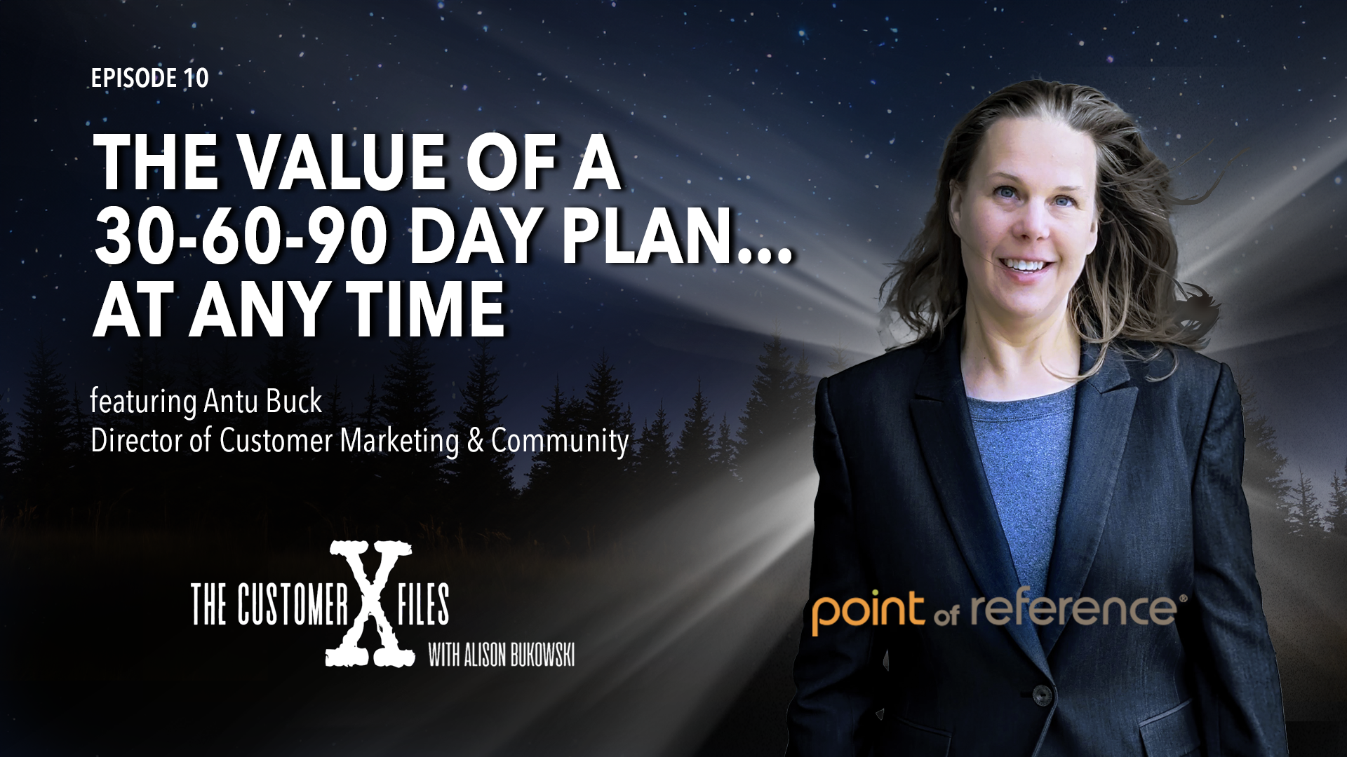 The CustomerX Files podcast logo with episode title: The Value of a 30-60-90 day plan at any time. Antu Buck.