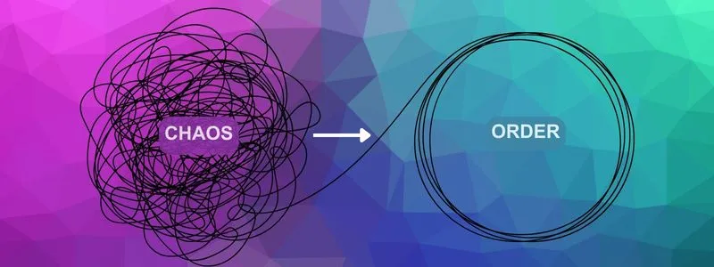 Colorful graphic on left circle squiggles with word Chaos and on right side is clean circle with word Order.