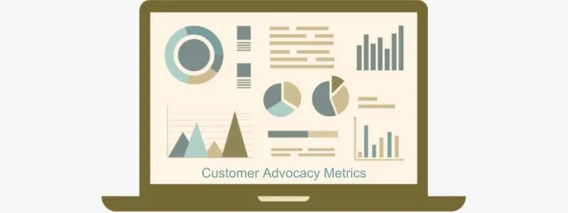 Graphic of laptop showing different graphs and charts with the words Customer Advocacy Metrics at the bottom.