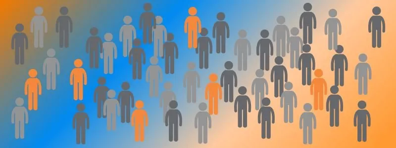 Graphic of many silhouettes of men in different shades of gray dotted with some orange.