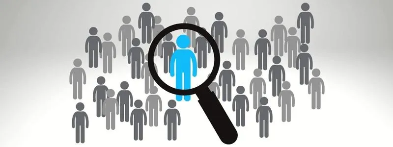Graphic images of many gray men, larger blue man under magnified glass symbolizing importance of search.