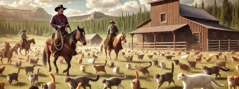 Three men on horseback with tons of cats surrounding them symbolizing difficulty corraling support for CMA.