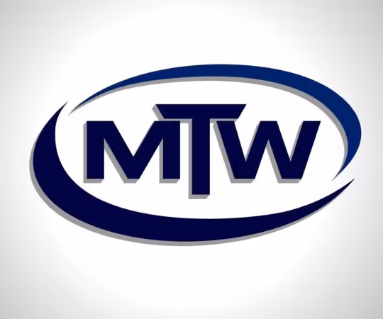 MTW company logo featuring bold blue letters encircled by a swoosh design.